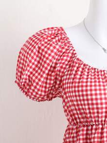 SHEIN 少女格子荷叶边休闲百搭日常穿搭花瓣袖衬衫 - 紅色 - 查看 4