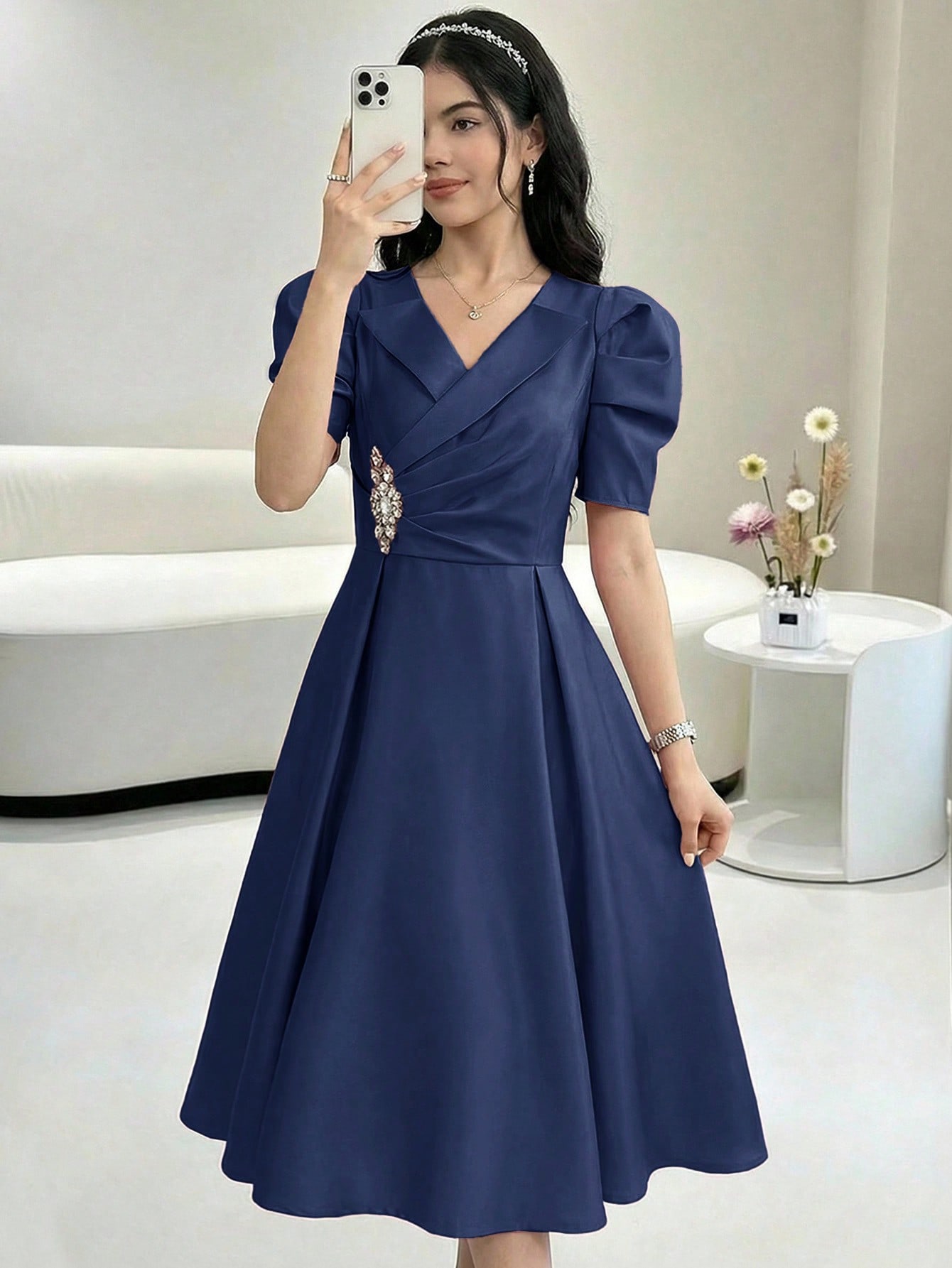 SHEIN فستان سهرة أزرق داكن من الساتان بأكمام جيجوت...