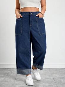 SHEIN CURVE+ Plus Size Blue Denim Straight Leg Cropped Jeans With Zipper Detail And Pockets - Blue - View 8