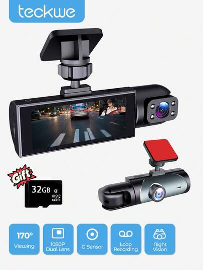 Teckwe 4K 前后行车记录仪，全高清三通道行车记录仪，赠送 32GB 存储卡，内置 WiFi 和 GPS，碰撞传感器，夜视功能，HDR，IPS 显示屏，24 小时停车监控模式