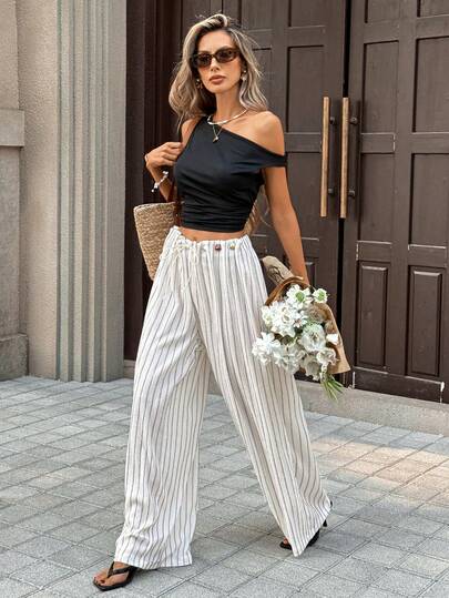 Pariaura Pantalones anchos de pierna ancha con cordón en la cintura, versátiles y casuales para uso diario