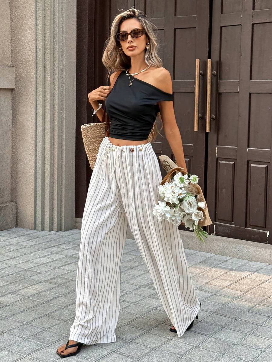 Pariaura 女士条纹抽绳腰带休闲百搭阔腿裤，适合日常穿着 - 黑與白 - 查看 1