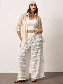 Enliva 大码波西米亚风秋冬女装休闲度假风纯色波点针织蕾丝荷叶边高腰直筒裤，适合海滩度假、西部乡村风音乐会度假等场合，也适合日常穿着。白色阔腿裤，适合苹果型和圆润身材，夏季穿着。 - 白色 - 查看 4