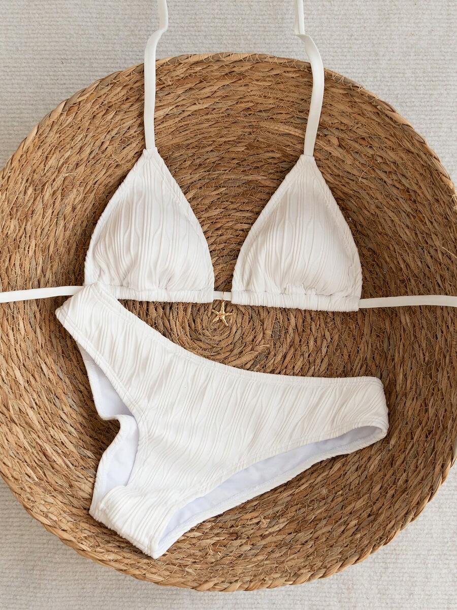 Swim Vcay 2026春夏女士吊带露背黑色底白色波点随机印花甜美可爱侧开衩比基尼泳衣两件套 - 白色 - 查看 1