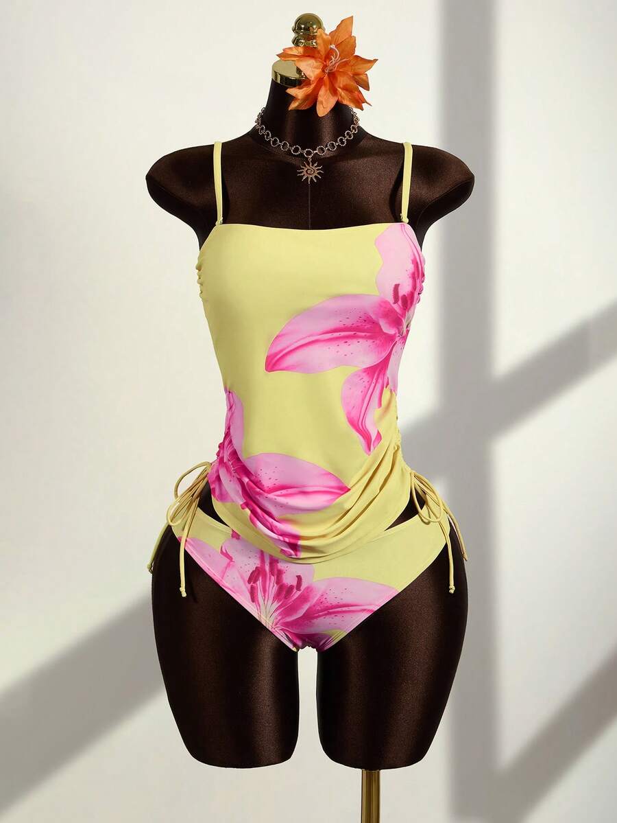 Zestiva 女士印花吊带泳衣套装，优雅度假休闲风 - 鵝黃色 - 查看 1