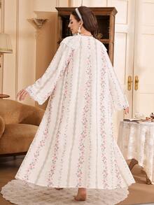 PalaceNights Floral Print Lace Decorated Loose Long Sleeve Robe, Camisole Slip Dress With Ruffle Trim, Woven Textured Fabric Women Pajama Set - Apricot - View 2