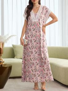 Al Najma Elegant Floral Print Patchwork Lace Trim Long Dress With Short Sleeves, For Spring/Summer - Bubblegum Pink - View 5