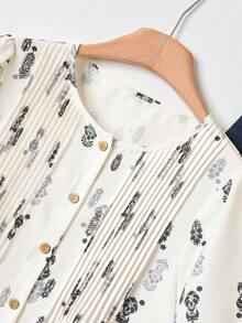 Rusticease Women's Casual Vacation Allover Print Pleated Loose Shirt And Wide Leg Pants Set, Suitable For Spring, Summer And Autumn - Multicolor - View 4