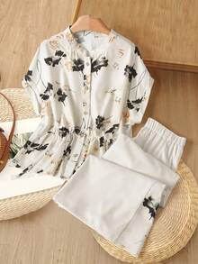 Rusticease Women's Elegant Floral Print Front Button Batwing Sleeve Shirt And Pants 2-Piece Set, Summer - Multicolor - View 1