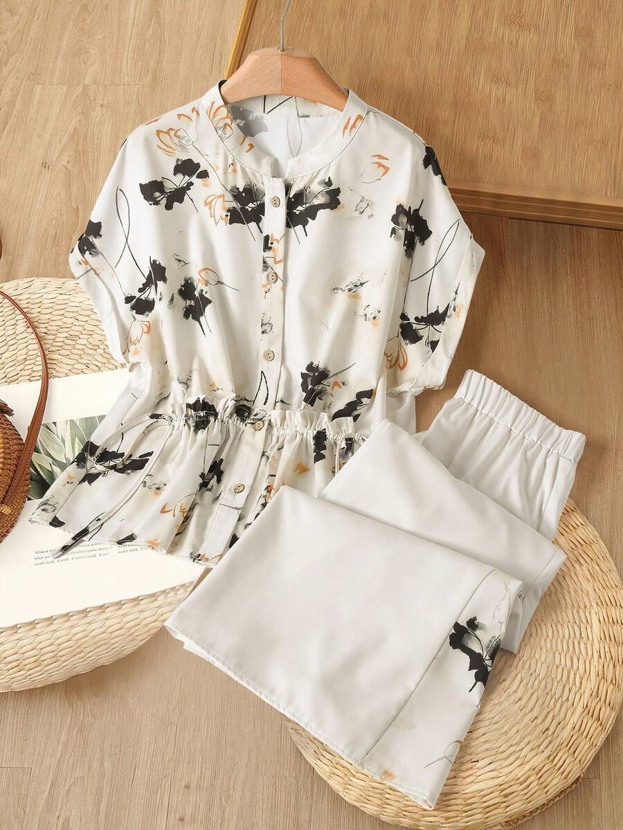Rusticease Women's Elegant Floral Print Front Button Batwing Sleeve Shirt And Pants 2-Piece Set, Summer - Multicolor - View 1