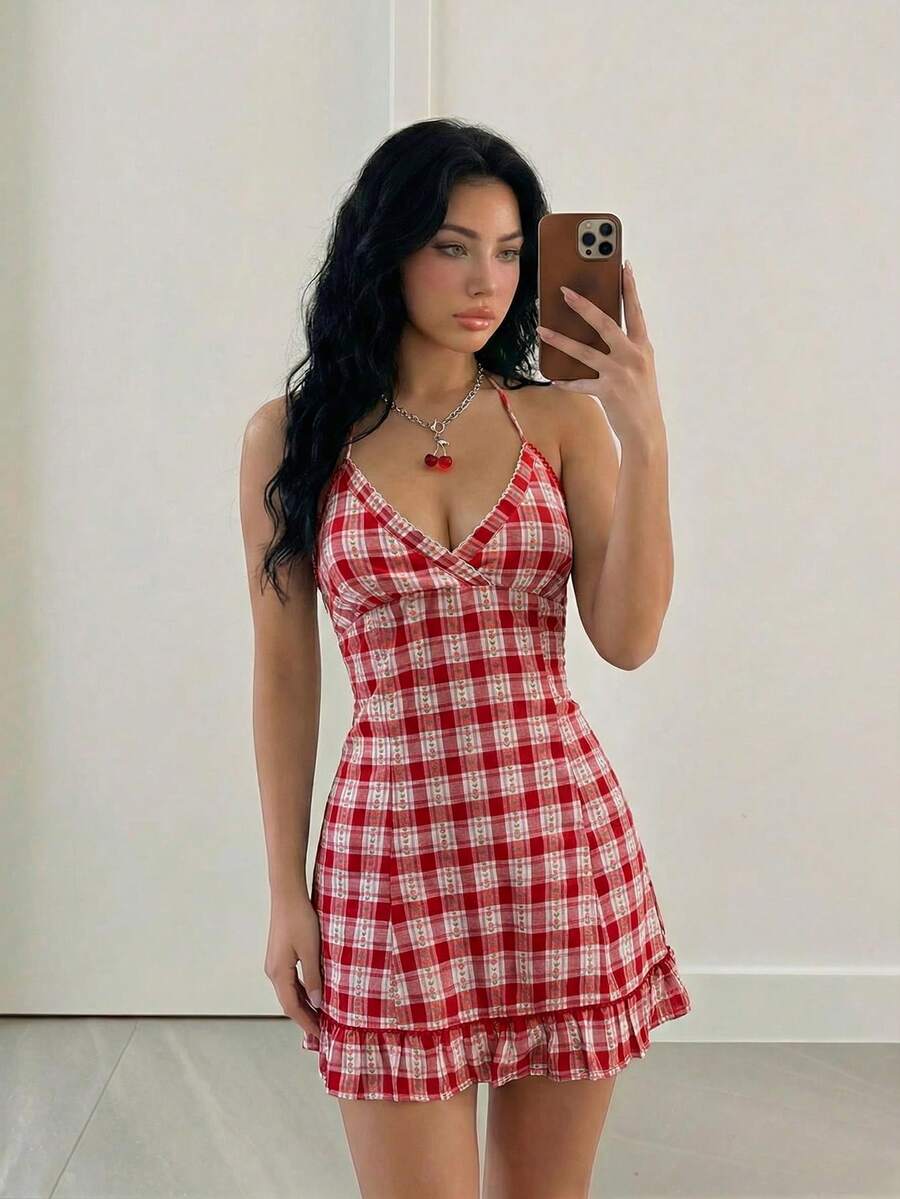 Sweetina 女士夏季时尚格子荷叶边吊带迷你连衣裙 - 紅色 - 查看 1