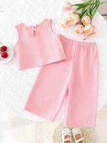 SHEIN Playful Pals 2件組/套 中性 0-3歲 可愛粉色夏季女嬰套裝 3D蝴蝶結裝飾無袖上衣與長褲套裝 2歲生日休閒居家服裝 - 粉色 - 查看 2
