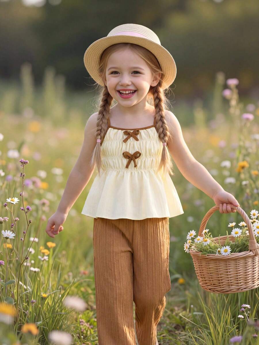 2件套女童休闲甜美可爱纹理泡泡褶皱面料吊带背心+宽松阔腿裤套装，适合日常、度假、外出、姐妹街拍、春夏穿着 - 杏色 - 查看 1