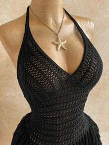 Soleia Vestido mini de mujer de talla grande con textura de punto, con borlas, estilo halter, para vacaciones. Sexy atuendo para fiesta, cita, playa, vacaciones de verano. Adecuado para citas, té de la tarde, temporada de bodas, crucero de playa, viaje de ciudad, vacaciones bohemias, festival de música. - Negro - Ver 6