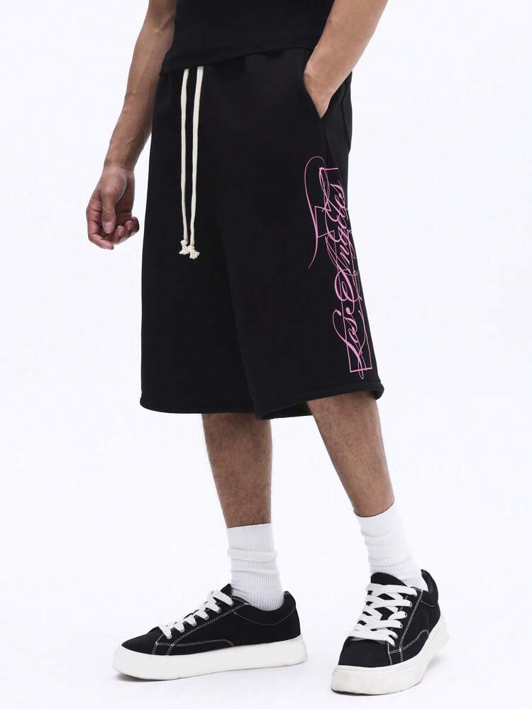 SUMWON Men's Black Drawstring Denim Jorts With Pink Script Print Knee Length Baggy Shorts