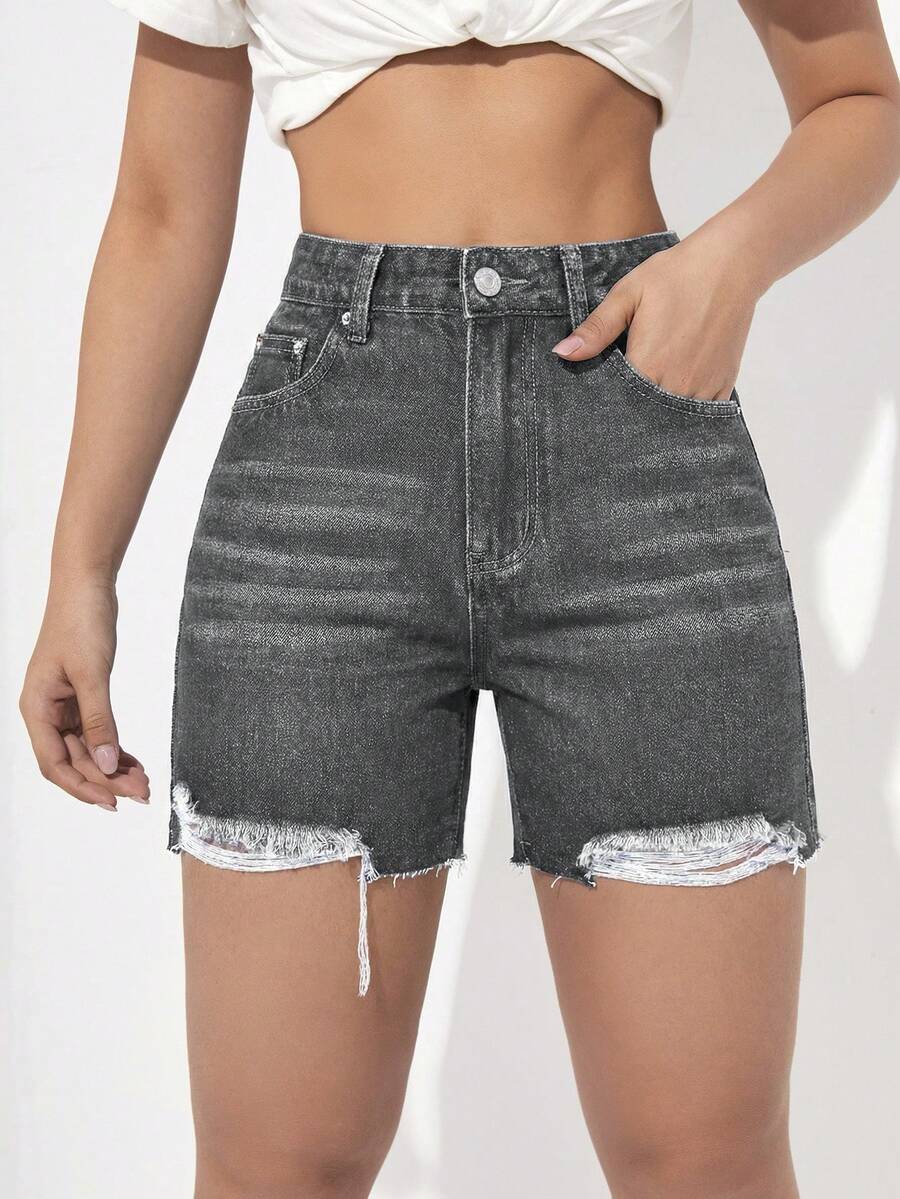 Rivivi Quần short denim cạp cao, kiểu dáng thường ngày, bạc màu và rách nhẹ, thích hợp cho mùa hè. - Xám - Xem 1