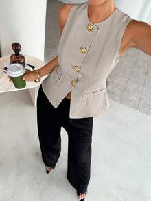 Lavishia 法式风格女士无袖背心，通勤装，金属大纽扣衬衫，夏季波西米亚机场风 - 灰色 - 查看 6