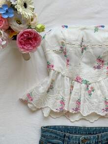 Comfortcana 女士夏季沙滩度假碎花刺绣荷叶边露背吊带上衣 - 彩色 - 查看 4