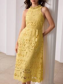 Modelyn Women's French Style Yellow Halter Neck Hollow Out Embroidery Sleeveless Casual Slim Dress - Yellow - View 5