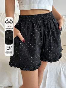 DAZY Polka Dot Print Ruffle Hem Short Women Pajama Bottoms - Black - View 4