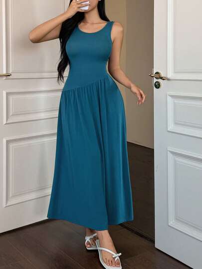 DAZY 女士纯色褶皱无袖长款睡裙，夏季