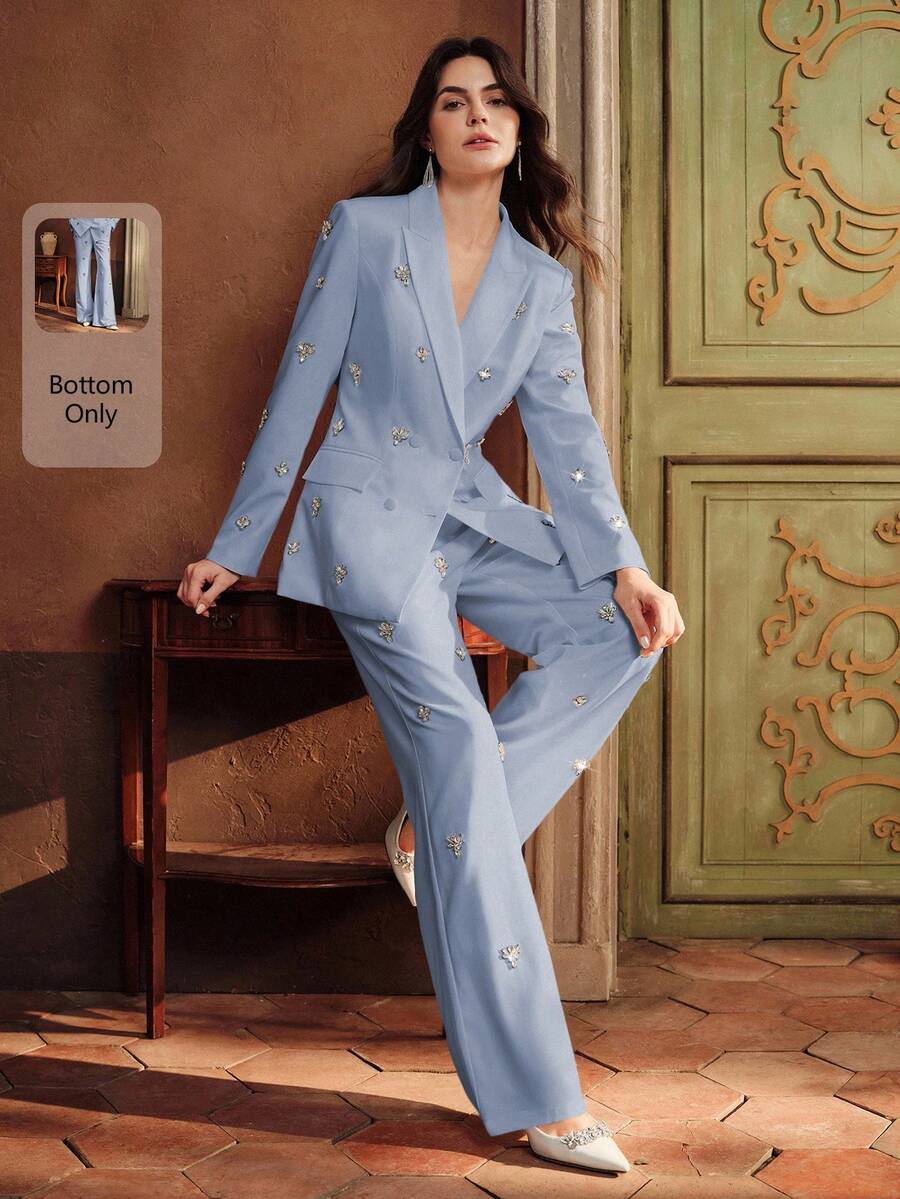 Anewsta 女士时尚简约奢华重工装饰修身喇叭裤,适合晚宴、节日、外出、优雅、正式、派对、时尚、正装、工作、毕业典礼等场合,白色裤子 - 藍色 - 查看 1