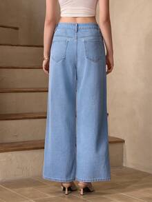 Selenza Women's Asymmetric Waist Pocket Wide Leg Loose Denim Pants - Blue - View 2
