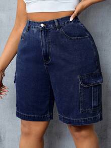 SHEIN CURVE+ Plus Size Women's Cargo Pocket Casual Versatile Denim Shorts - Blue - View 7