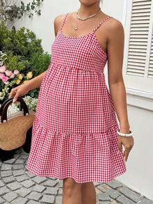 SHEIN 孕妇格子荷叶边吊带休闲连衣裙，适合度假 - 紅色 - 查看 5
