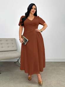 Firerie Plus Size Women's Comfortable Casual Elegant Ruched Loose Stretch Date Party Short Sleeve Dress, Spring/Summer Flowy Dress,Formal Dresses For Women - Burnt Orange - View 12