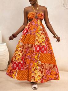 VaVaBold Abito lungo elegante e ampio con design a fiori bohémien, scollo ad aletta incrociato e aperture, stile vacanziero, simile agli abiti di blogger europei e americani, casual per appuntamenti e spiaggia - Multicolore - Visualizzare 1