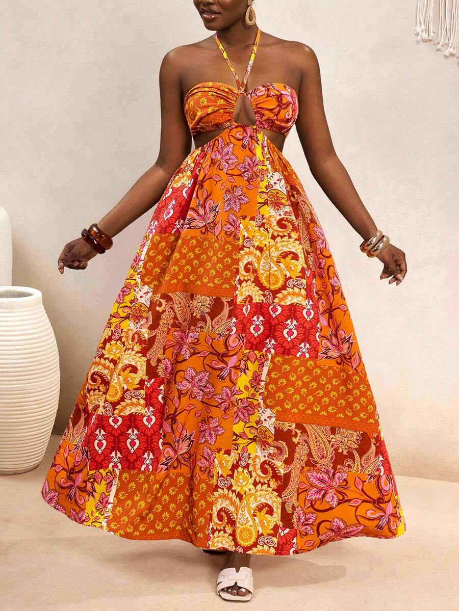 VaVaBold Abito lungo elegante e ampio con design a fiori bohémien, scollo ad aletta incrociato e aperture, stile vacanziero, simile agli abiti di blogger europei e americani, casual per appuntamenti e spiaggia - Multicolore - Visualizzare 1