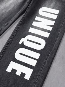 Manfinity EMRG Young Street Style Washed Straight Loose Fit Letter Slogan Print Jeans, Spring/Summer - Black - View 3