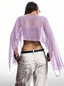 SHEIN EZwear Women's Solid Color Cape Sleeve Sheer Cropped Shirt,Summer Top - Mauve Purple - View 2