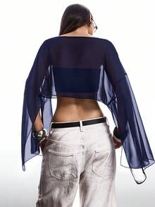 SHEIN EZwear 女士纯色船领披肩短款薄纱上衣 - 藏蓝色 - 查看 2