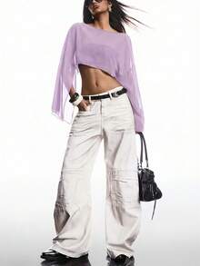 SHEIN EZwear Women's Solid Color Cape Sleeve Sheer Cropped Shirt,Summer Top - Mauve Purple - View 6