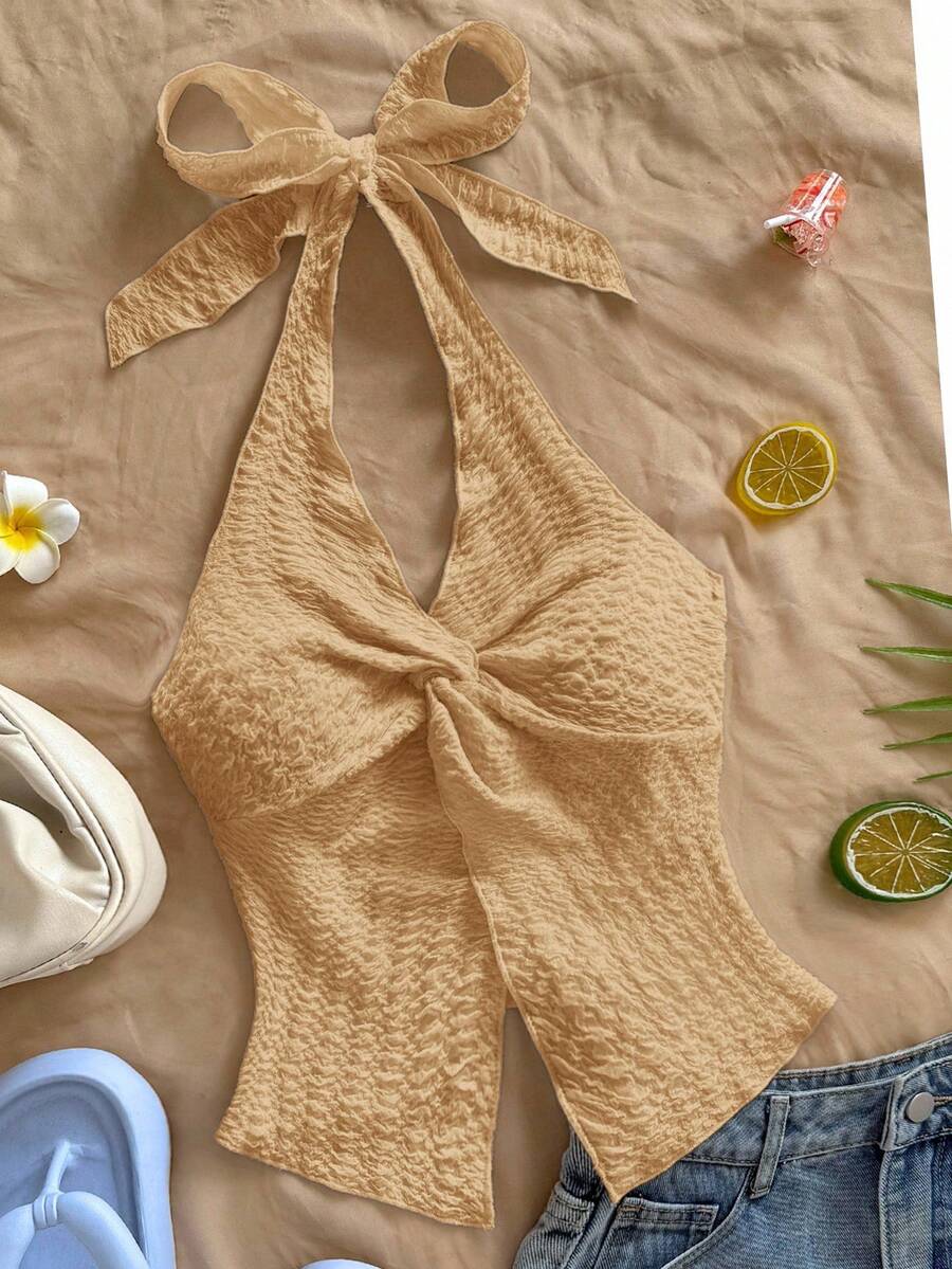 Soleia Fashionable Sexy Twist Hem Slit Open Back Tie Neck Camisole,Summer Top - Khaki - View 1