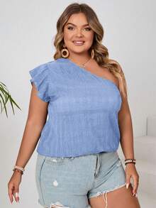 SHEIN VCAY 大码女式度假纯色单肩短袖时尚上衣 - 藍色 - 查看 7