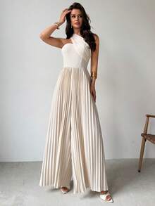 Firerie 优雅浪漫不对称网纱抹胸高腰阔腿连体裤，适合晚宴、节日、情人节、约会、婚礼、出席宾客、度假等场合。 - 杏色 - 查看 6