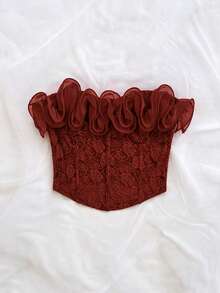 Soleia Top bandeau elegante con volantes y estampado jacquard para mujer - Rojo - Ver 6