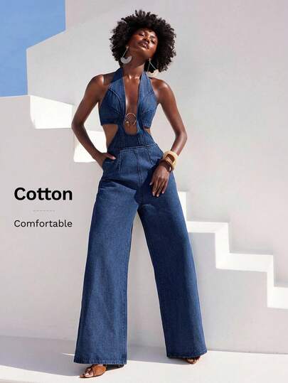 NYA SZN Jumpsuit Denim Halter Neck Plunge Long Pant Metal Detail Special Occasion Date Eveeryday Casual Concert Festival Outfits For Women