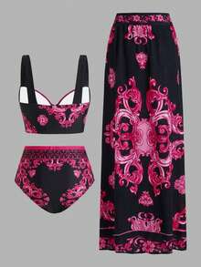 Swim Oasis 女士夏季沙滩度假印花比基尼套装，含系带罩衫和裙子，三件套 - 彩色 - 查看 2