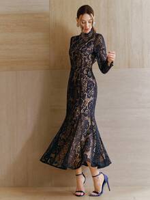 Anewsta 夏季度假轻盈连衣裙，镂空长袖水溶蕾丝性感V领露背修身鱼尾裙摆优雅派对礼服，女士 - 藏蓝色 - 查看 5