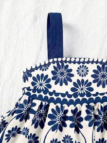 SHEIN 女婴碎花荷叶边吊带连衣裙 - 藍白色 - 查看 5