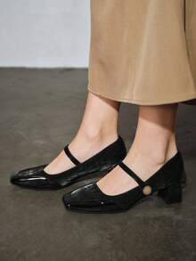 女士新款便捷魔术扣带高跟鞋，粗跟，方头，时尚，百搭，中跟鞋，法式玛丽珍鞋，黑色，展现优雅，专业工作鞋。 - 黑色 - 查看 7