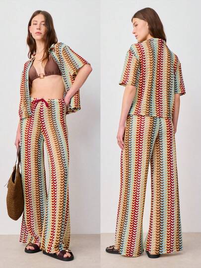 Nöista Colorful Striped Wavy Pattern Vacation Set, A Women's Summer Set, Beach Set. Loose Fit, Comfortable And Refreshing, Bohemian Elements, Perfect For Music Festivals, Vacations, Etc.