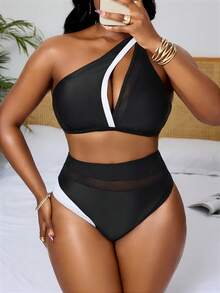 Slaydiva Bộ đồ bơi cỡ lớn phối màu khoét rỗng, đồ bơi một vai cho nữ, bộ 2 mảnh, đồ bơi cạp cao, bộ 2 mảnh. - màu đen - Xem 5