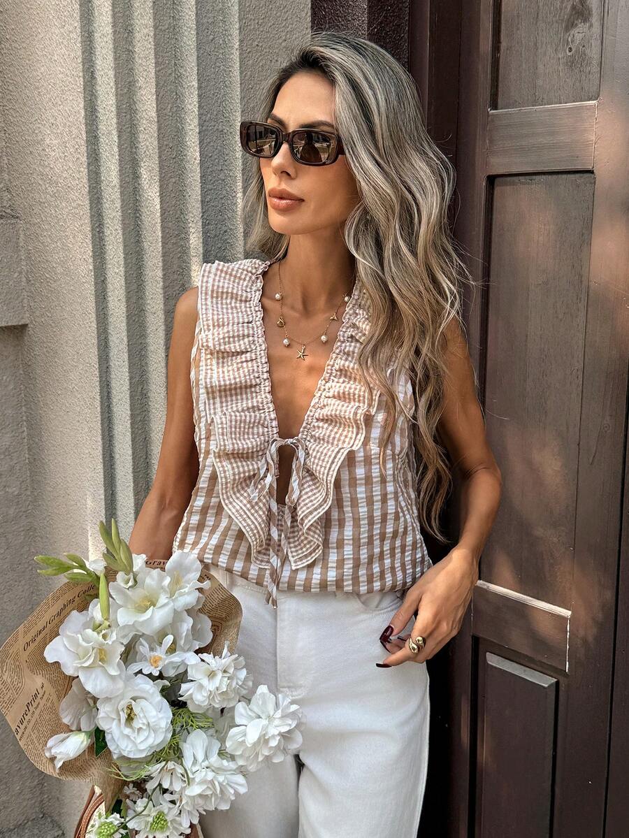 Pariaura Women's New V-Neck Front Tie Sleeveless Fitted Crop Top, Suitable For Vacation & Travel - Apricot - View 1