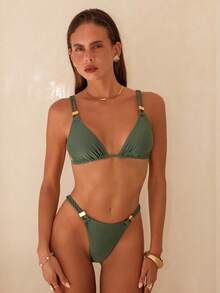 Swim Chiccia 女士新款纯色手工绳带泳衣上装和侧边绳带泳裤性感泳装套装 - 綠色 - 查看 3