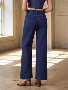 Selenza Jeans de mezclilla oscura de corte holgado y acampanado con elástico para mujer - Azul lavado oscuro - Ver 2